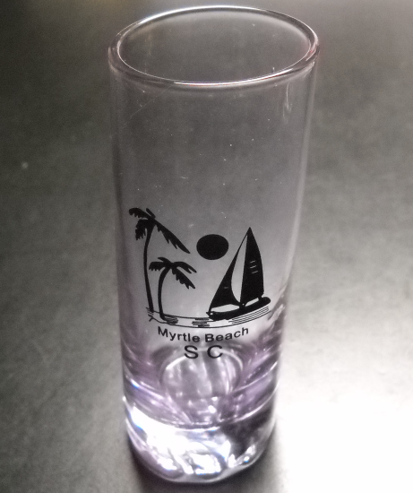 Myrtle Beach SC Shot Glass Tall Style Lavender Color Slightly Tilted Ribbed Base - $8.99