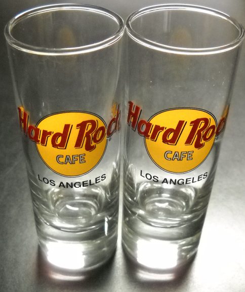 Hard Rock Cafe Los Angeles Shot Glass Tall Style Set of Two Clear Glass Logo - $14.99