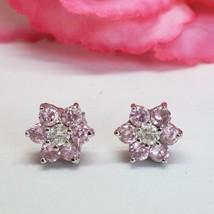Signed 925 Sterling Silver Pink Clear Crystal Flower Pierced Earrings - £15.98 GBP