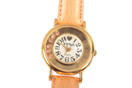 Vintage Fashion Watch Gold Face with Floating Pink Rhinestones Leather Band - $3.99