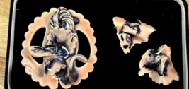Vintage Pink Blue Porcelain Earrings Brooch Pendant Pin Jewelry Set - £91.92 GBP