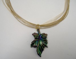 Green Purple Leaf Pendant Gold Organza Necklace Unique Handmade One-Of-A-Kind - £23.78 GBP