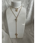 Lariat Y Station Necklace Gold Tone 28&quot; Heart Key Crystal - $182.46 MXN