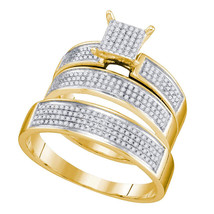 10k Yellow Gold His Her Round Diamond Cluster Matching Bridal Wedding Ring Set - $699.00