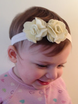 Silky Cream Foldover Elastic Headband w Cream Felt Flowers Infant Toddler Siz - £6.42 GBP
