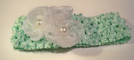 Pale Green Crocheted Headband with Delicate White Rosettes Pearls Headba... - £7.86 GBP