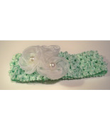 Pale Green Crocheted Headband with Delicate White Rosettes Pearls Headba... - £7.83 GBP