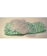 Pale Green Crocheted Headband with Delicate White Rosettes Pearls Headba... - $10.00