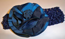 Dark Blue Crocheted Headband. Soft Elastic Baby Large Satin Bow Headband... - £7.84 GBP