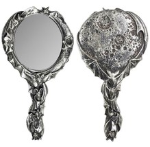 Alchemy Gothic Antiqued Silver Resin Bat &amp; Moon Hand Mirror Vampire V82 Gift New - £25.61 GBP