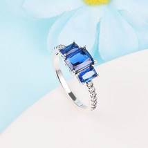 925 Sterling Silver Blue Rectangular Three Stone Sparkling Ring For Women  - £15.97 GBP
