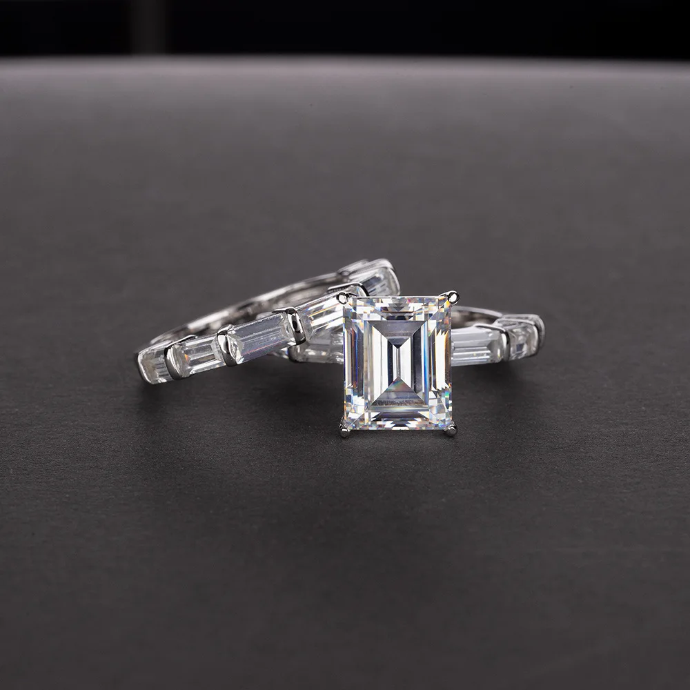 Emerald Cut 4ct Moissanite Diamond Ring sets 100% Original 925 sterling silver E - £56.48 GBP