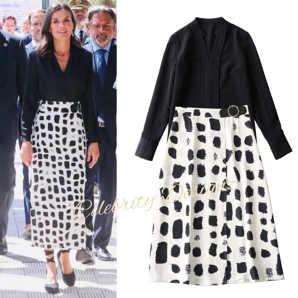 Queen Letizia Inspired Black V-neck Blouse & Belted Two-Tone Side Slit Skirt