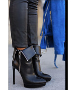 NIB 100% AUTH Saint Laurent Janis Black Leather Fold Over Ankle Boots Sz 37 - £526.79 GBP