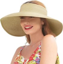 Wide Brim Foldable Beach Straw Hat, Beige - £14.85 GBP