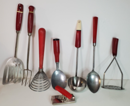 Vintage Red Handle Kitchen Utensils Set of 8 Mixed Lot Wood &amp; Plastic A&amp;... - £34.96 GBP