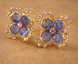 Vintage Swarovski Earrings Blue cluster flower Pierced wedding jewelry S... - $85.00