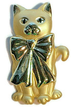 Kitty Cat with Bow Brooch Pin Gold Tone Figure Animal 2” - £15.89 GBP