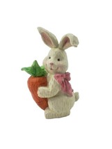 Easter Spring White Wooden Standing Bunny w Carrot Pink Bow Figure Statue - £7.80 GBP