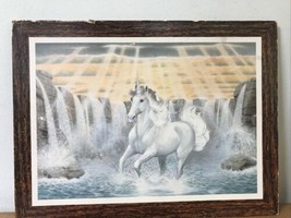 Vintage 80s Terraro Waterfalls Lake Sunbeam Unicorn Fantasy Art Print 9&quot;x12&quot; - £19.97 GBP