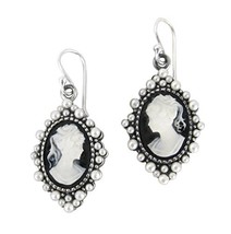 Sterling Silver&quot;Grace&quot; Resin Cameo and Pearlized Beads Frame Earrings, Black - £39.95 GBP