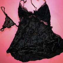 Victoria&#39;s Secret DESIGNER COLLECTION M BABYDOLL slip+THONG BLACK lace SILK - $148.49
