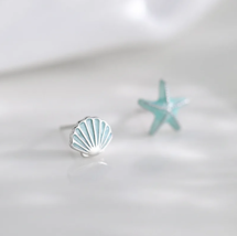 Exquisite 18K 925 Sterling Silver Blue Shell Starfish Stud Earrings - £14.38 GBP