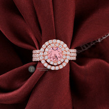 Round Cut Pink Morganite Engagement Ring set, Double Halo Eternity Matching Band - $989.90+