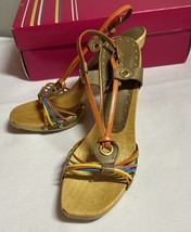 BCBG Girls Womans Shoes Heels Sz 7M Orange Strappy Sandal Heels Wood Sole - £22.68 GBP