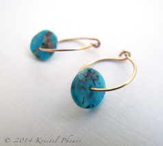 Turquoise Slice earrings - genuine turquoise hoop earrings, gold-fill or... - $28.00