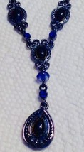 Avon Necklace Black Stones Cobalt Blue Glass Beads Pewter Vintage Lightweight - £10.40 GBP