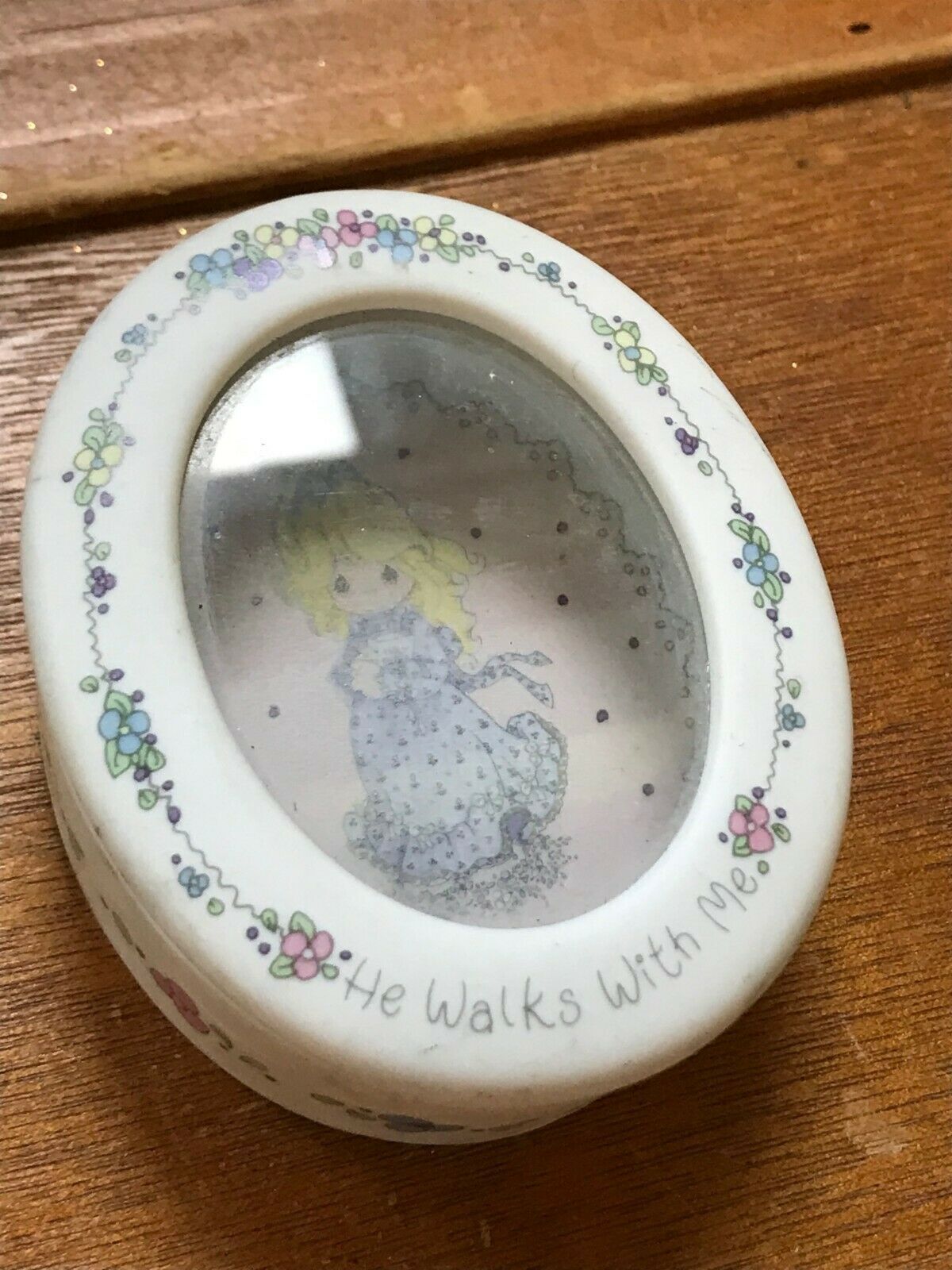 Primary image for Estate Enesco Precious Moments HE WALKS WITH ME Little Girl Oval Porcelain Jewel