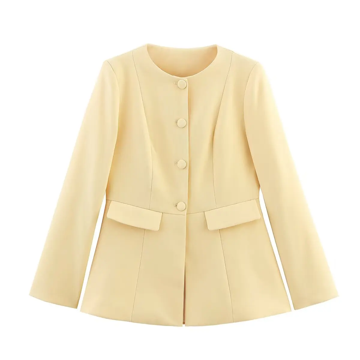  2025 Elegant Women&#39;s Yellow Slim Blazer O-Neck Long Sleeve Breasted Sui... - $70.00