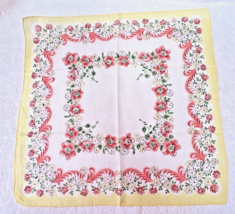 Vintage Hankie Pink Floral and Feathery Scrolls w Yellow 12 In NICE Shape - $9.89