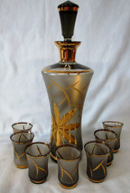 Bohemian Frosted Gray &amp; Gold Mid Century Decanter Set with 7 Glasses - $38.50