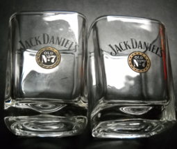 Jack Daniel&#39;s Shot Glass Set of Two Square Style Clear Glass Black Gold Print - £11.18 GBP