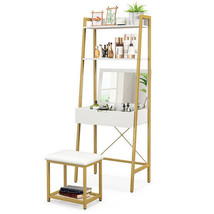 Ladder Vanity Desk Set with Flip Top Mirror and Cushioned Stool-Golden - Color:  - £121.15 GBP