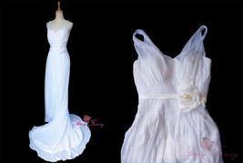 Rosyfancy spaghetti straps A-line chiffon wedding dress with handmade fl... - $460.00