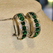 14k White Gold Finish 2.00Ct Round Cut Green Emerald Omega Back Huggie Earrings - £72.76 GBP