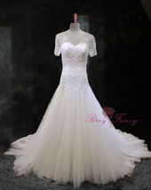 Rosyfancy Illusion V neck Short Sleeves Dropped Waist A-line Beaded Wedding Dres - £386.05 GBP