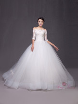 Rosyfancy Off Shoulder Sleeved Lace Applique Semi Cathedral Bridal Ball Gown - £383.69 GBP