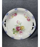Antique PK Silesia Blue Pink Yellow Roses 9” Platter w/ Bead Trim Lace - £14.90 GBP