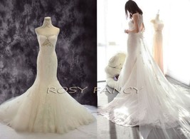 Rosyfancy Crystals Beading Lace Detachable Cathedral Train Mermaid Wedding Dress - £395.68 GBP