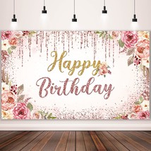 Happy Birthday Backdrop Decorations For Women Background Party Supplies Rose Bac - £17.22 GBP