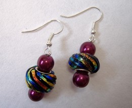 Multi Color Beaded Silver Metal Earrings Plum Blue Green Handmade Pierced Dangle - £19.18 GBP