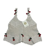 Rebellion Again Tank Top S Ivory Crochet Open Knit Cherry Applique Crop ... - $27.08 CAD