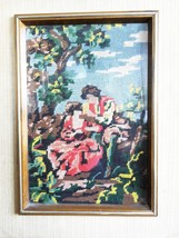 Vintage Antique Tapestry Lovers Scene Wall Plaque w/ Wooden Frame 16.5&quot; x 13&quot; - £37.08 GBP