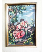 Vintage Antique Tapestry Lovers Scene Wall Plaque w/ Wooden Frame 16.5&quot; ... - £36.99 GBP