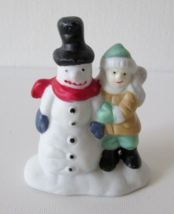 Vintage Porcelain Bisque Christmas Village Figurine, Boy &amp; Snowman w/ Top Hat - £6.33 GBP