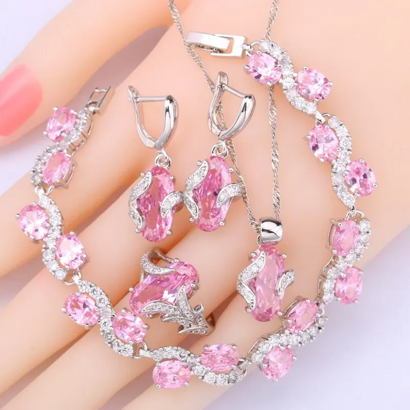 Pink Zircon Bridal Jewelry Sets For Women Wedding 925 Stamp Bracelet Earrings Ri - $38.92